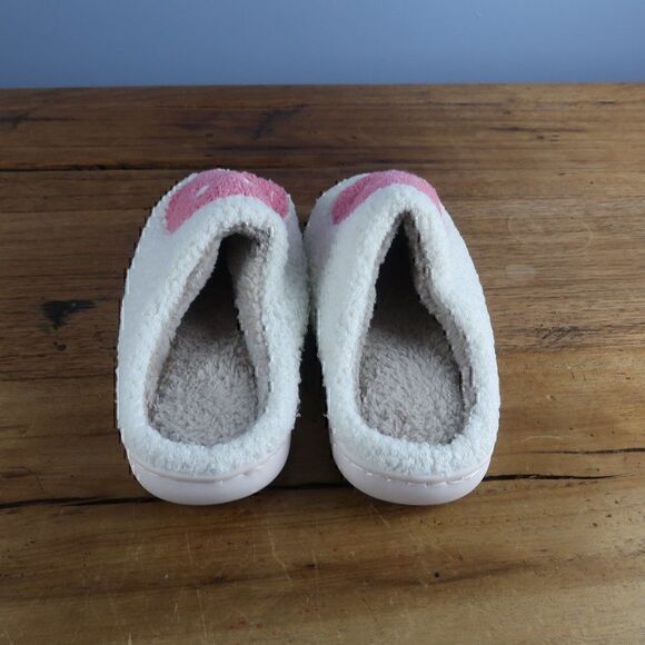 WHITE WITH PINK SMILEY FACE PLUSH COZY SLIP ON SLIPPERS WITH RUBBER SOLE NWT - Picture 5 of 6